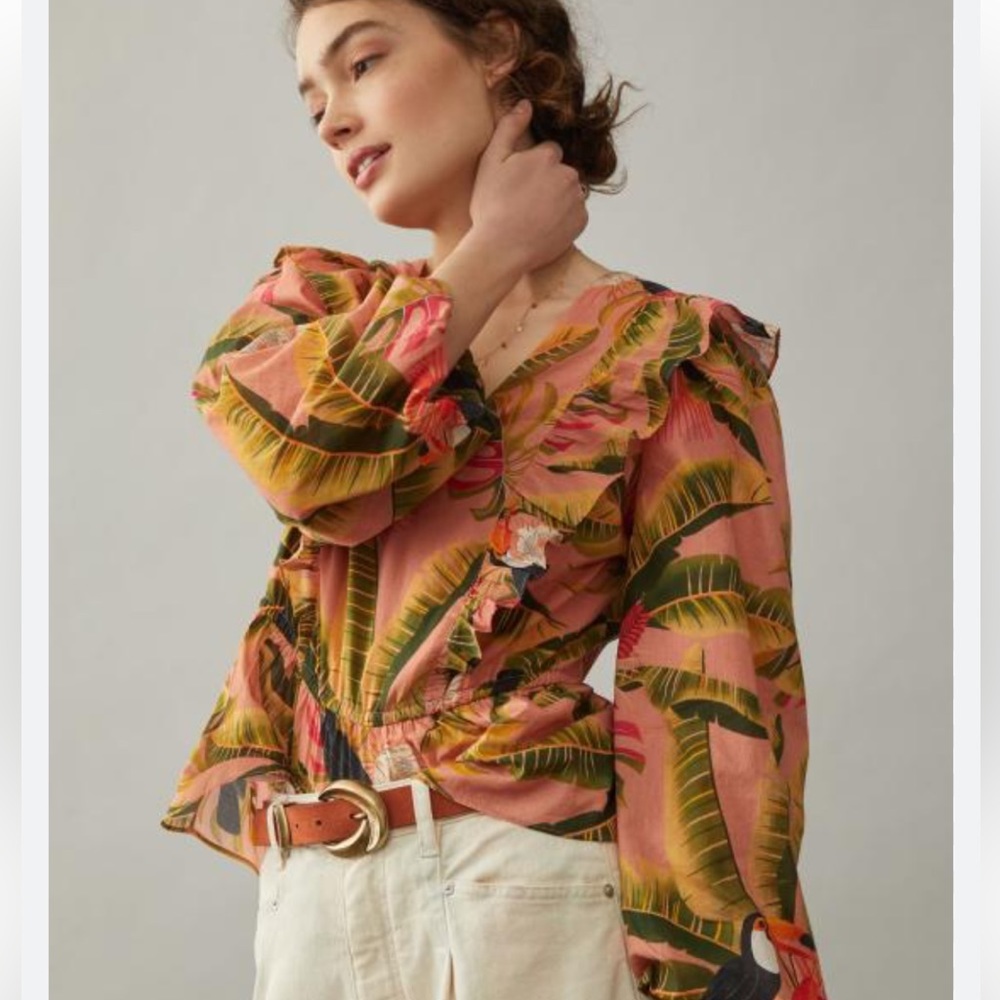 NWT Farm Rio Anthropologie Yasmine Parrot Ruffle Top Shirt Blouse XS $148